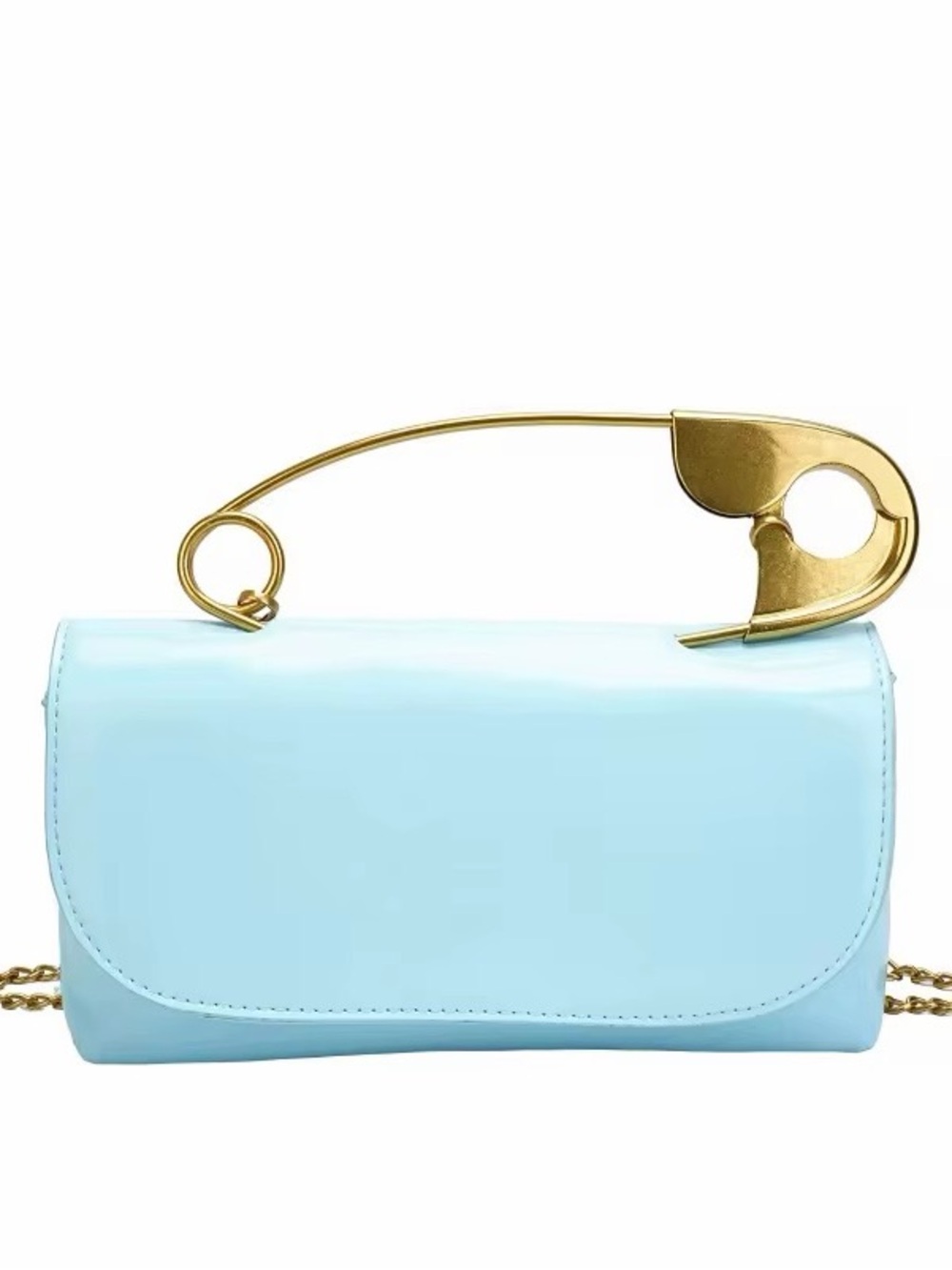 Light Blue Chain Clutch with Gold Safety Pin Detail